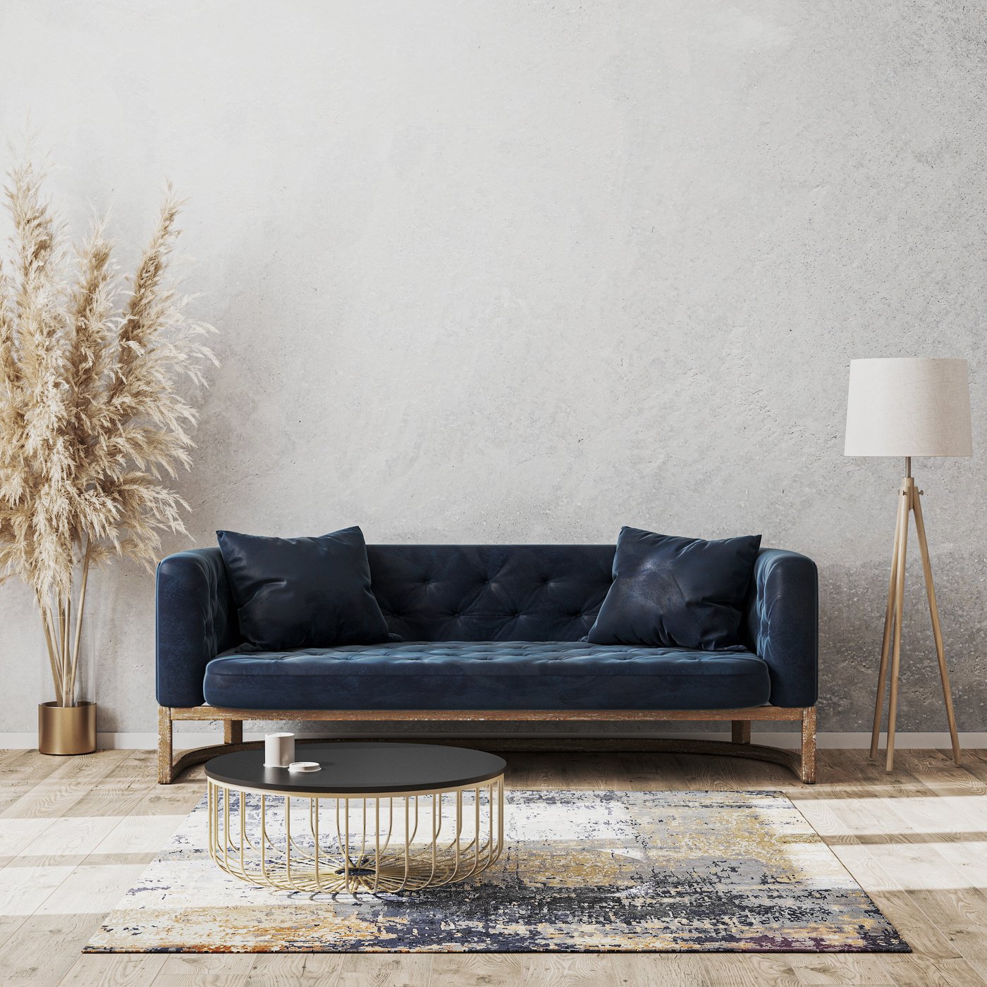 Table and Couch in a Room with a Blank Wall 